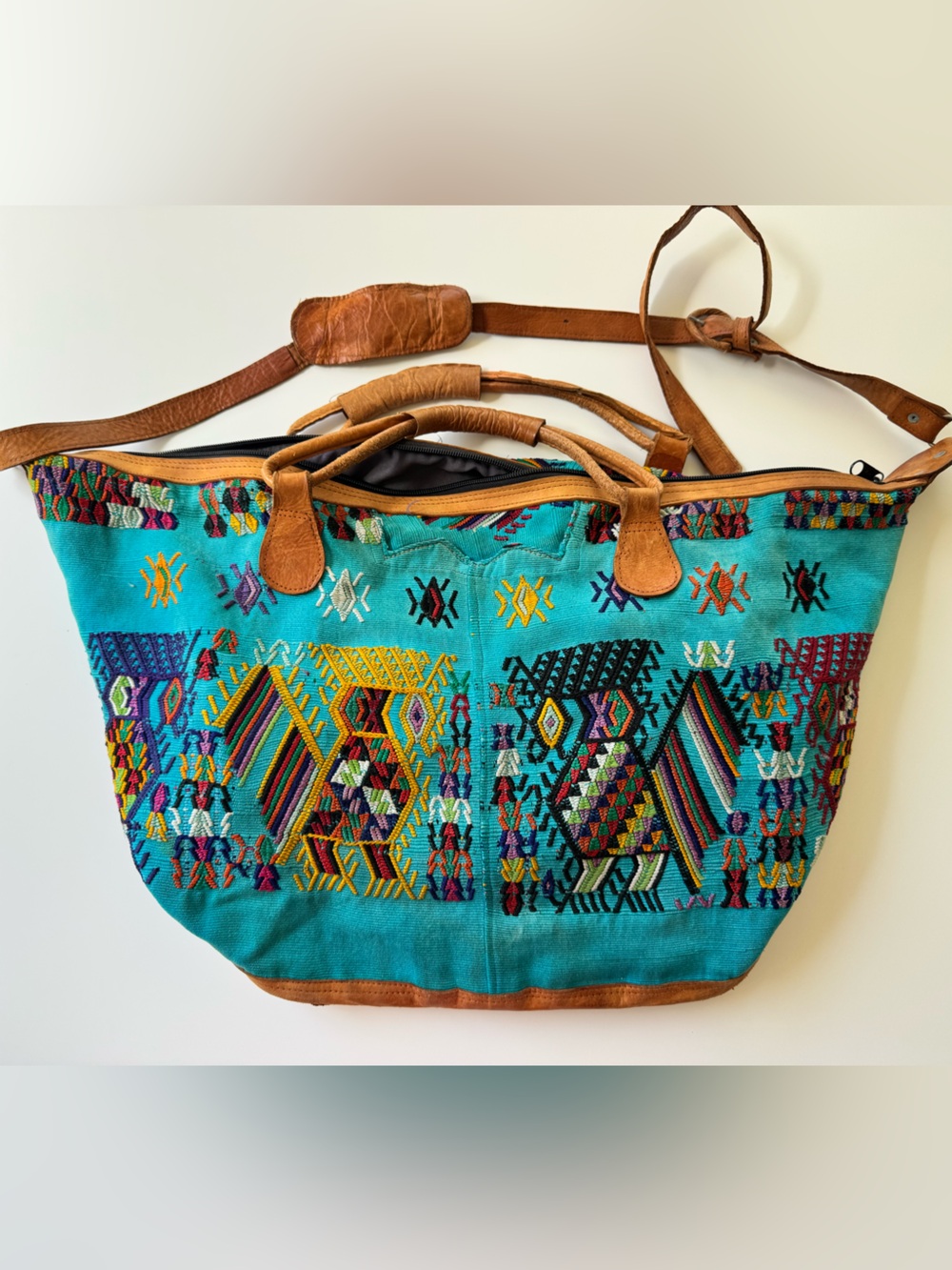 Turquoise Embroidered Canvas Tote with Leather Trim Humble Hilo Bohemian Tote